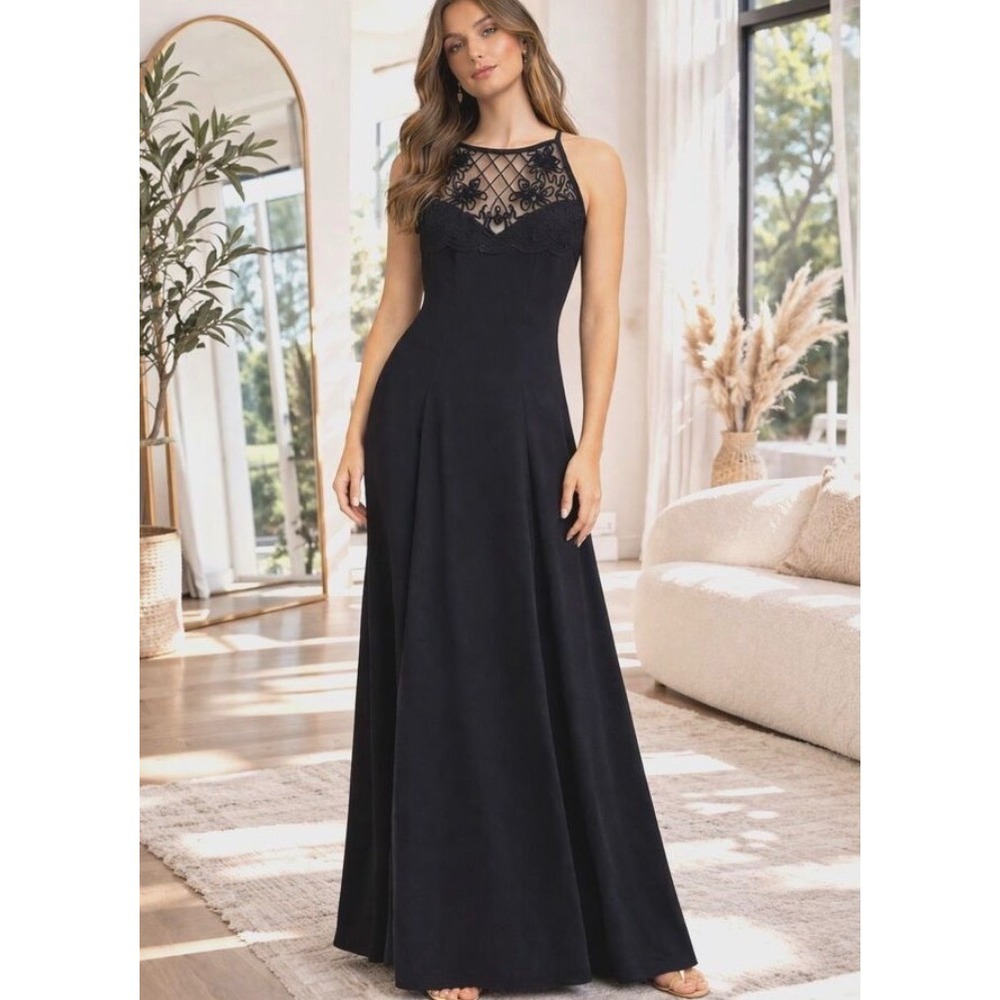 VTG Scott McClintock Maxi Dress 10 Black Soutache Halter Formal Evening Gown Y2K